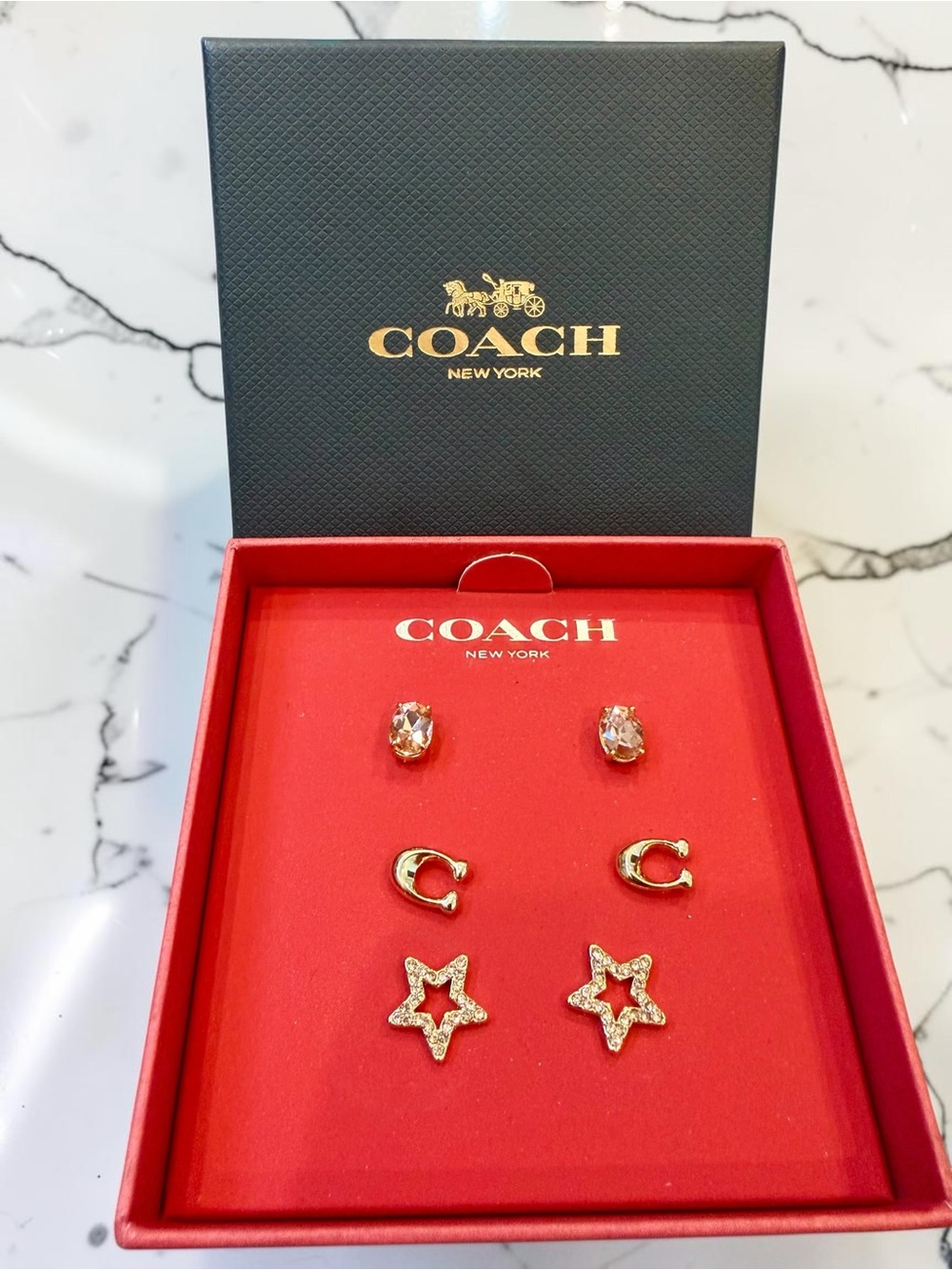 Coach Signature Star Stud Earring Set Gold Pink Multi Plated Brass CF985 NWT